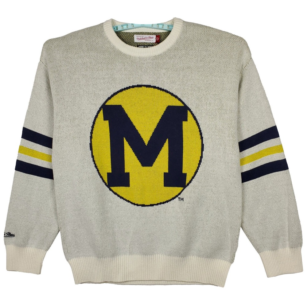 Michigan Wolverines Mitchell & Ness‎ NCAA Large Knitted Sweater Cream Navy NWT